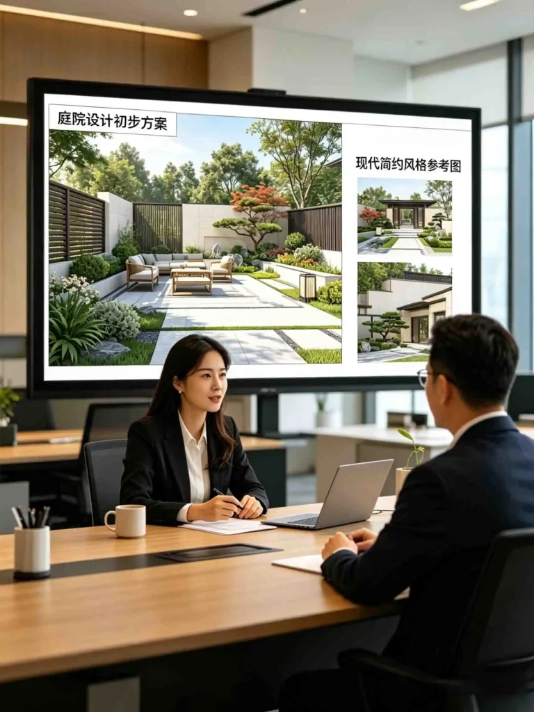 武汉本地景观设计师与客户在明亮的会议室中进行线上沟通，大屏幕上展示着现代简约风格的庭院设计初步方案和参考图，体现了专业的一对一服务。