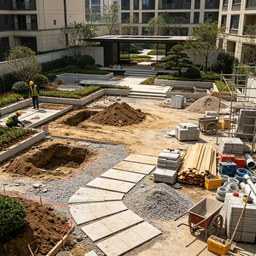 景观工程施工现场实拍 庭院改造施工过程及材料堆放记录
