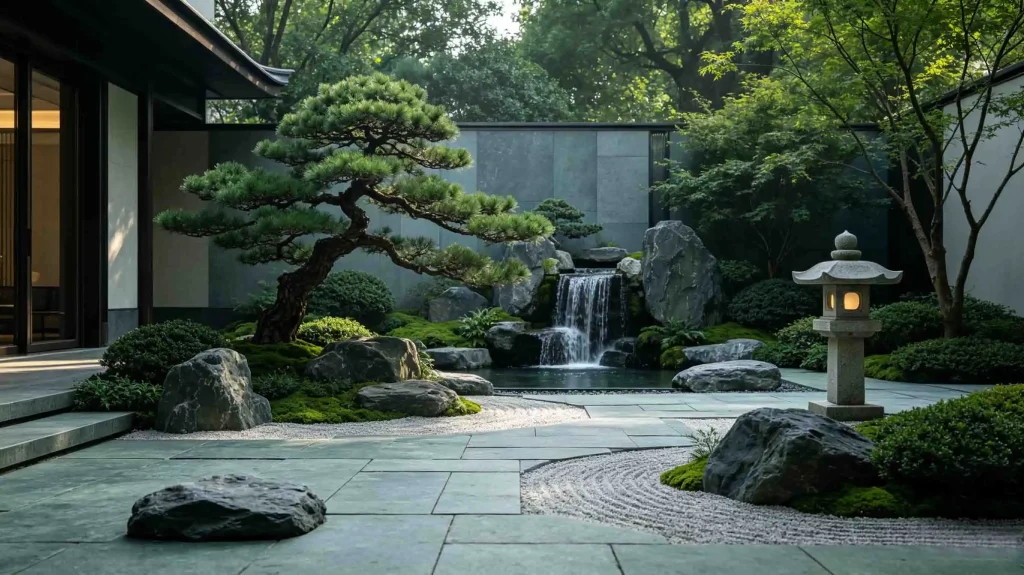 郑州新中式禅意庭院实景效果图，青石板步道搭配造型松、景观置石与流水小景，充满静谧东方园林氛围感