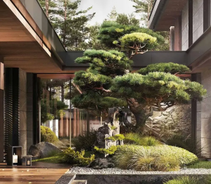 现代日式禅意庭院，造型黑松假山枯山水造景，原木屋檐落地窗别墅庭院，新中式枯山水私家庭院景观效果图
