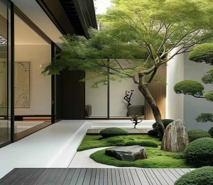 枯山水小品造型松树，极简别墅入户日式庭院景观设计效果图