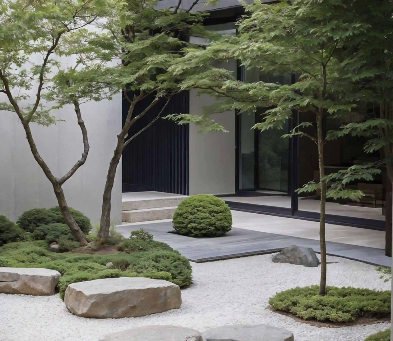 景观硬质与软质施工衔接,避免交叉施工互相破坏 1 日式小院落地施工完成实景,鸡爪槭、球形灌木与白沙置石层次绿化造景参考