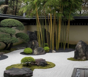 白砂置石枯山水庭院，围墙竹林造型松禅意小院实景，新中式私家园林造景案例