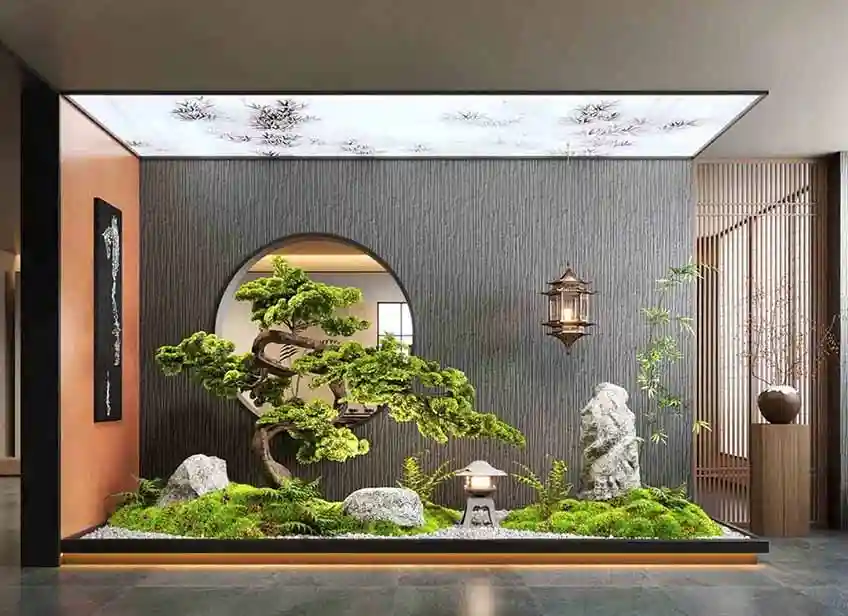 栖枫景观新中式枯山水庭院造景效果图，专业庭院景观方案设计、精准 CAD 施工图绘制，高效落地私家园林全案设计