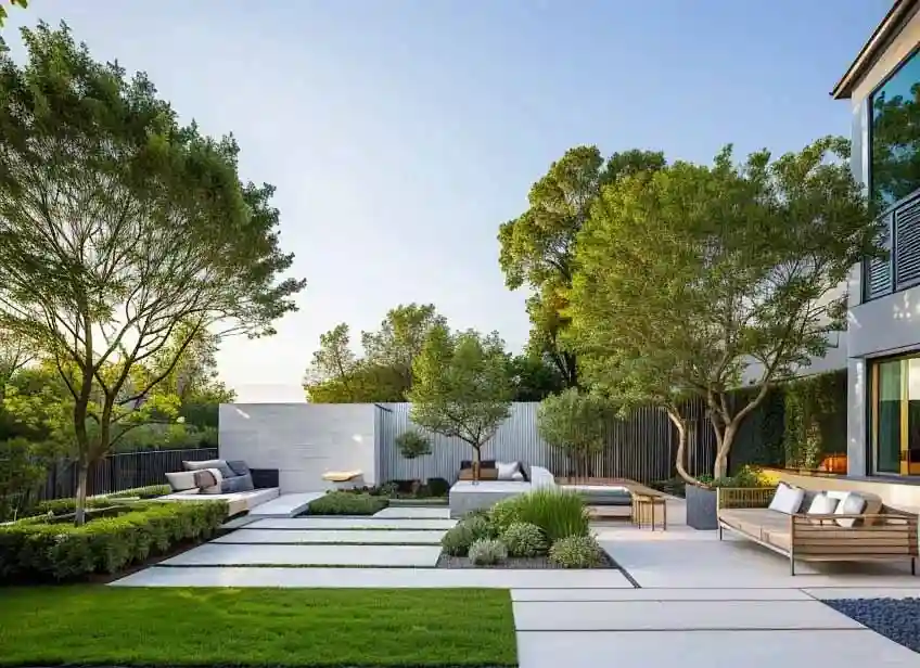 杭州现代简约别墅私家庭院景观实景，栖枫景观资深设计师定制园林方案，规范制图高效落地，全程跟进庭院设计改造项目