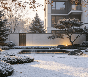 被白雪包裹的侧柏枝叶，冬季庭院绿植雪景特写