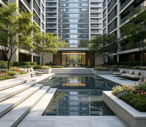 杭州高端住宅中庭镜面水景施工工艺，下沉式水池铺装细节解析