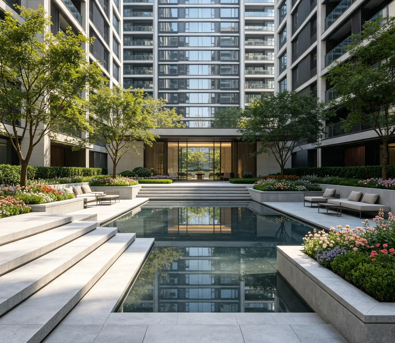 杭州高端住宅中庭镜面水景施工工艺,下沉式水池铺装细节解析 1 杭州高端住宅中庭镜面水景施工工艺,下沉式水池铺装细节解析